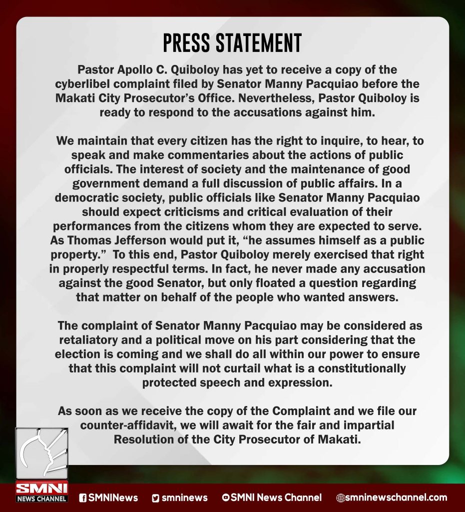 Official Statement on Manny Pacquiao's cyberlibel charges