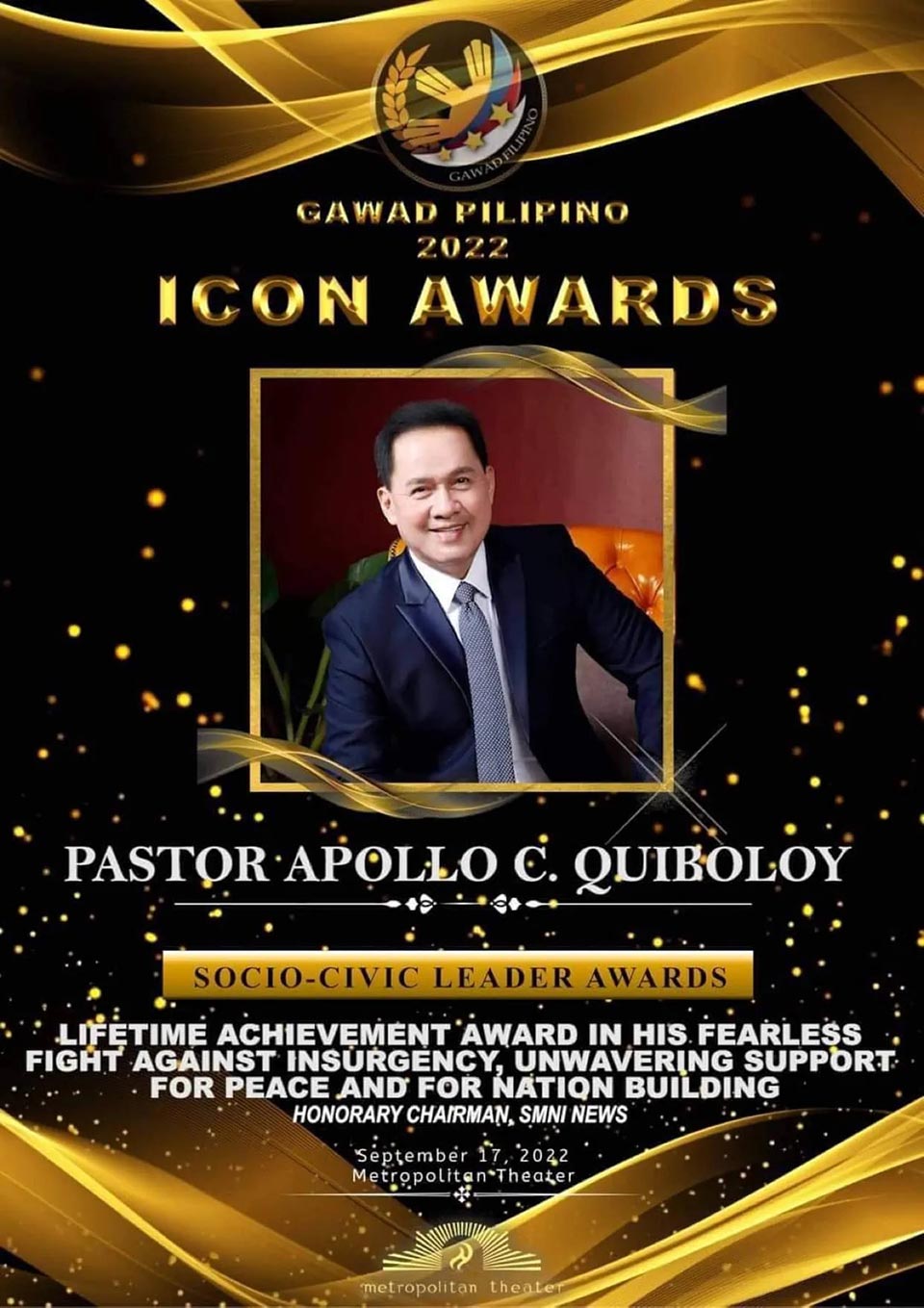 Pastor Apollo Quiboloy Receives Lifetime Achievement Award